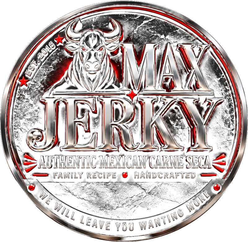 Max Jerky badge: a chrome bull over the words Max Jerky, authentic Mexican carne seca, family recipe, handcrafted, est. 2015